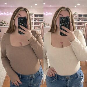 Long Sleeve Bodysuit Set in Tan and Cream